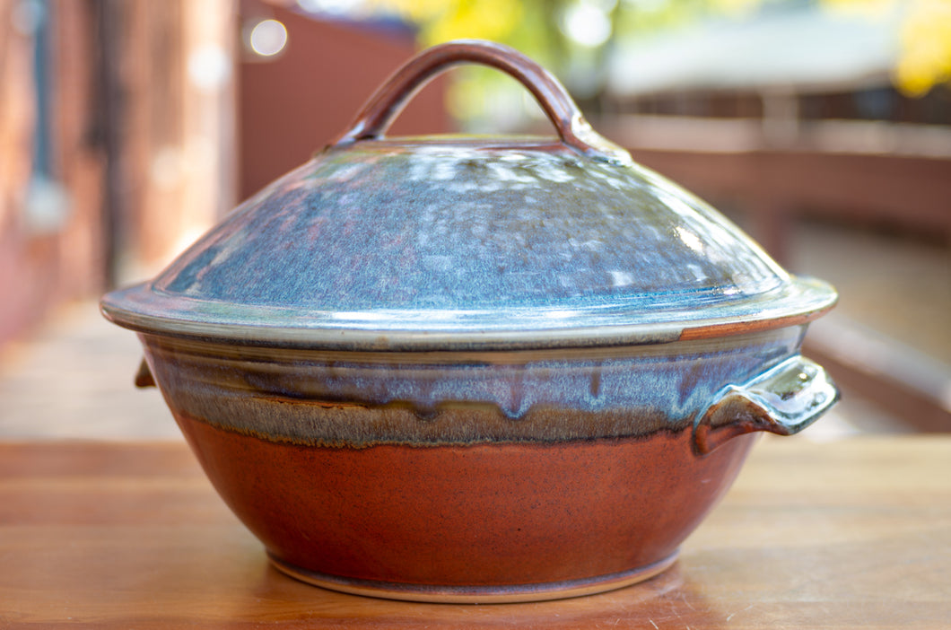 Large Covered Baking Dish in Rust Red and Breakfast Blue